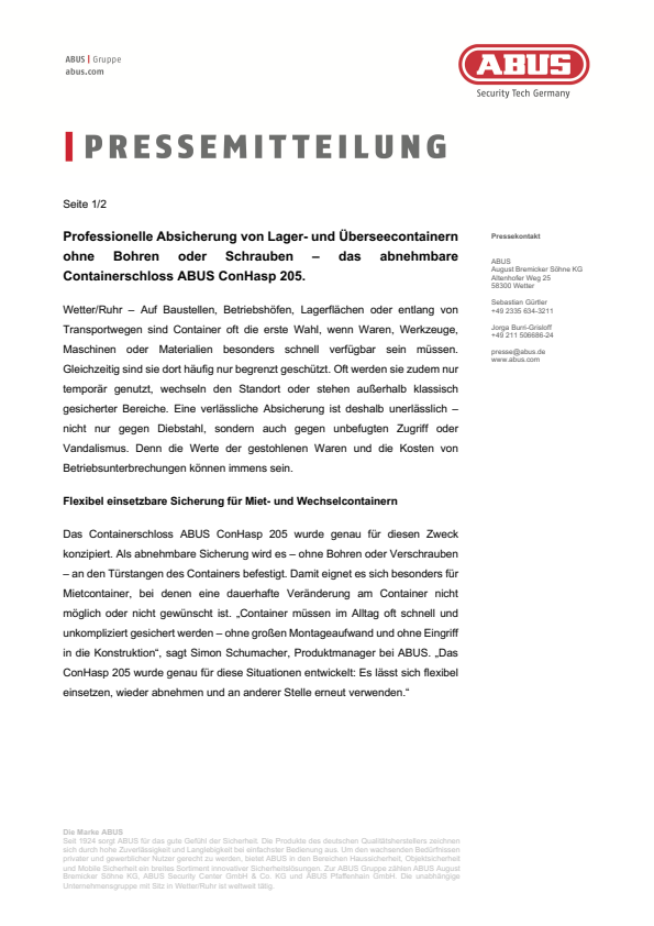 Pressemitteilung | Containerschloss „ConHasp 205“