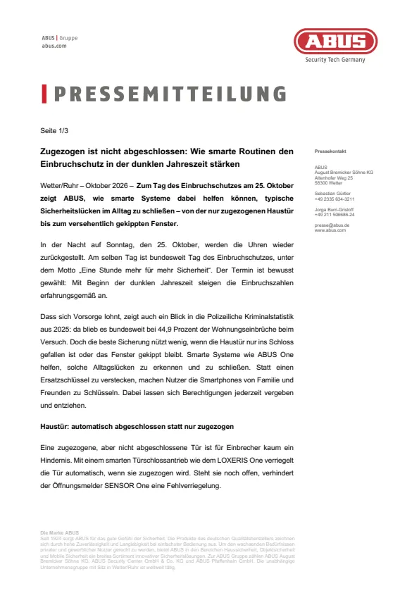 Pressemitteilung | ABUS One zum Tag des Einbruchschutzes 2026