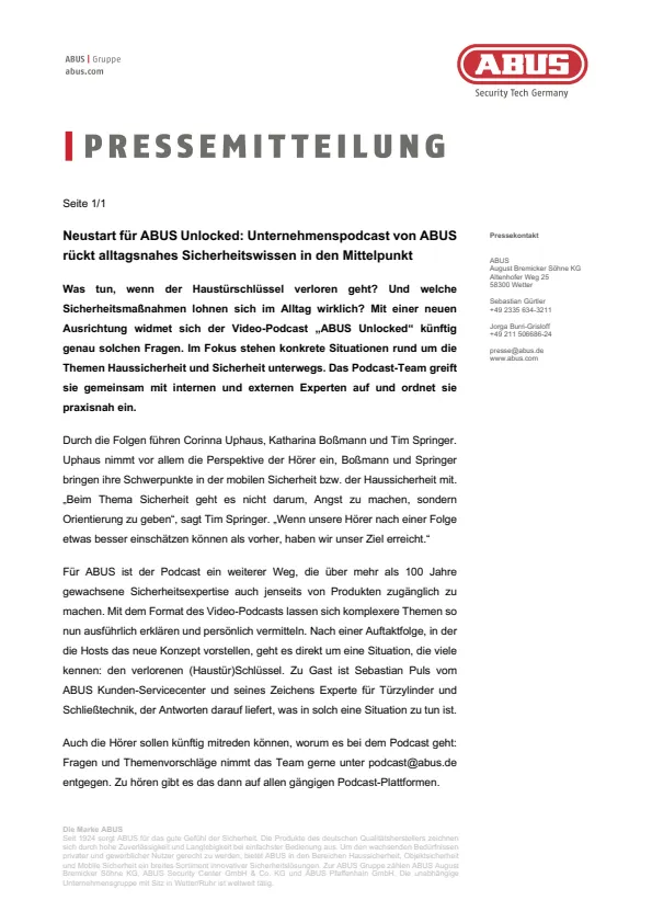 Pressemitteilung | Video-Podcast „ABUS Unlocked“