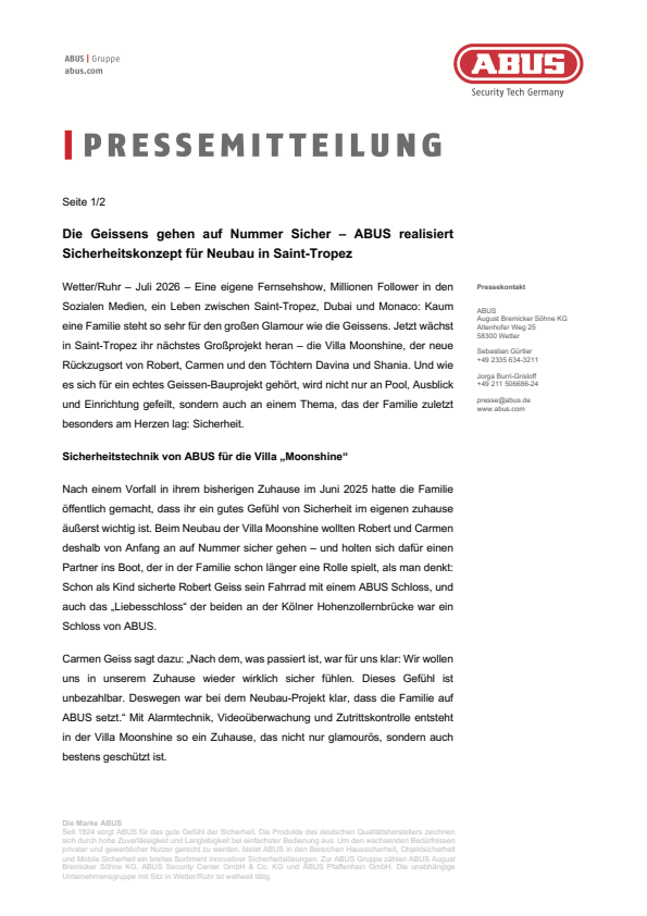 Pressemitteilung | Sicherheitstechnik von ABUS für Geissens-Villa in Saint Tropez