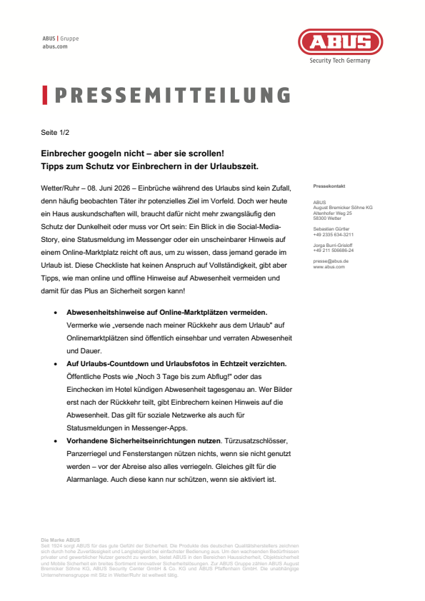 Pressemitteilung | Checkliste „Sicher in den und im Urlaub“